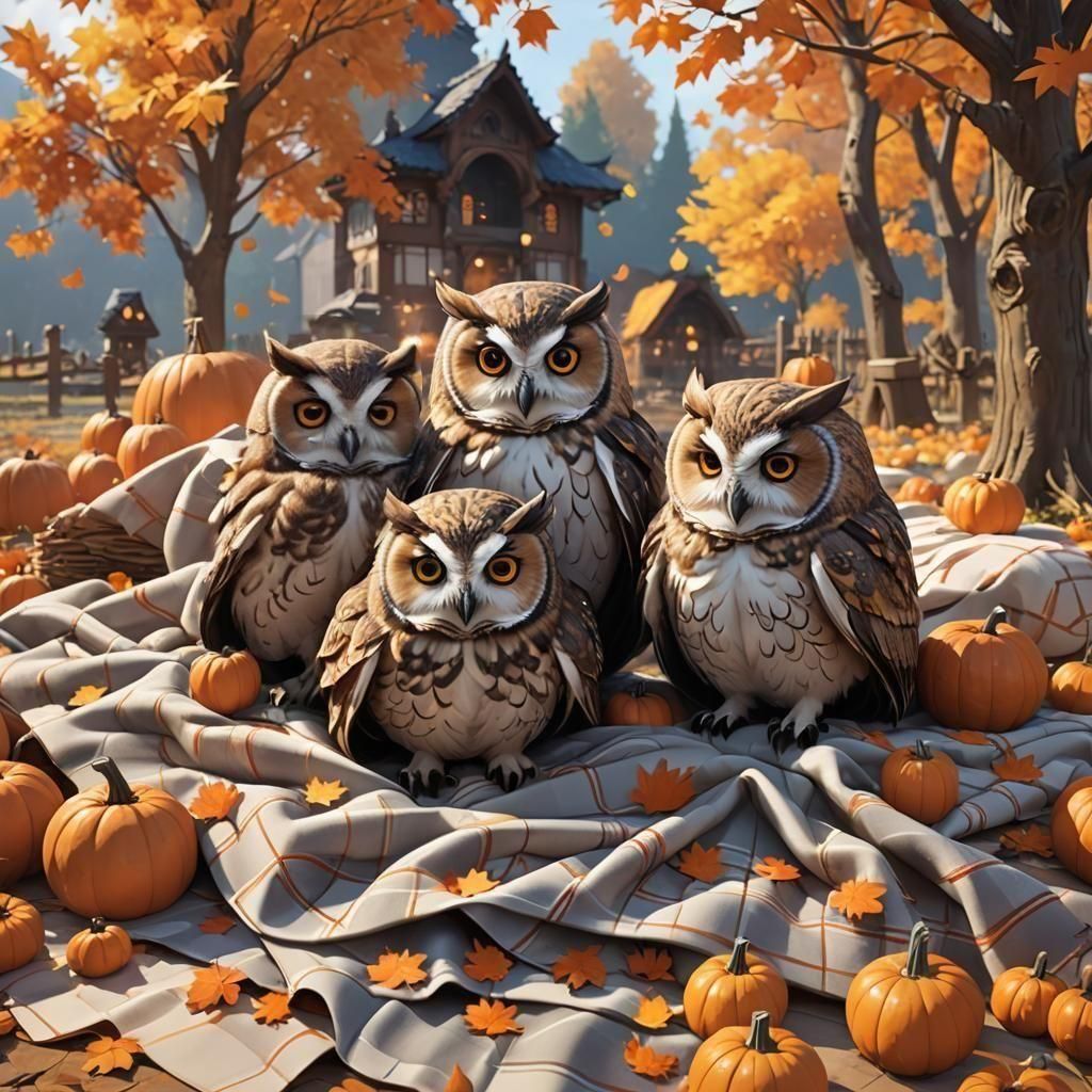 Cute Owls in Autumn Blanket: Anime-Inspired Art