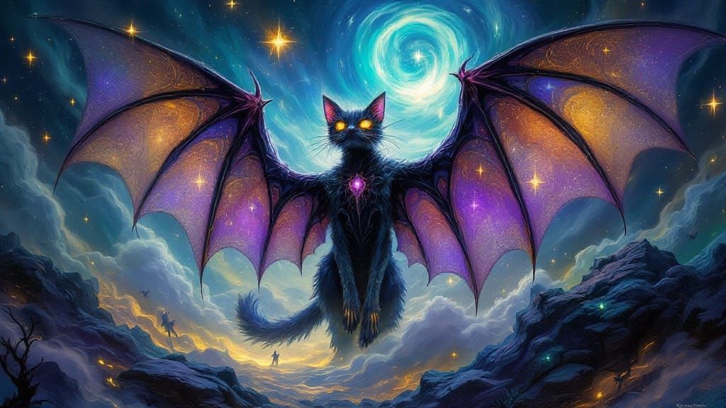 Ethereal Feline Nightbird in Chiaroscuro Dreamscape