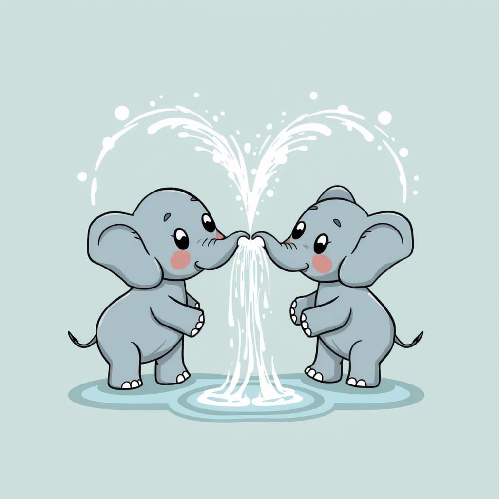 Joyful Cartoon Elephants Create Heart-Shaped Water Sprays