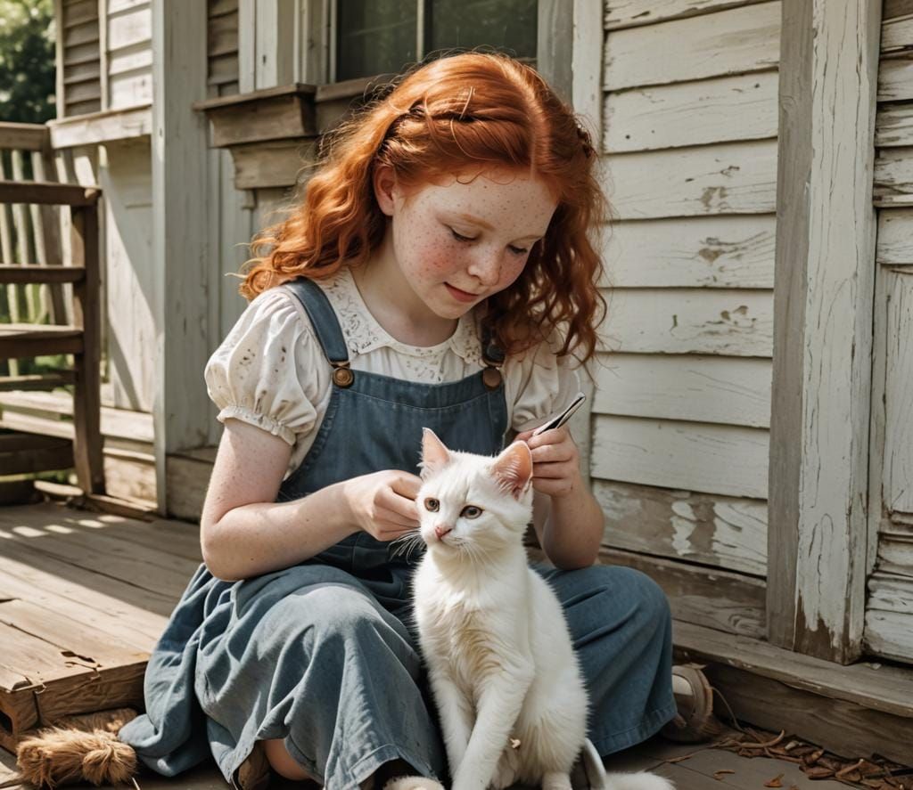 Girl Brushing Kitten on Kentucky Porch