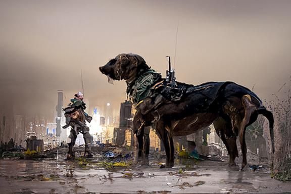 Soldier and Dog in War-Torn City Concept Art