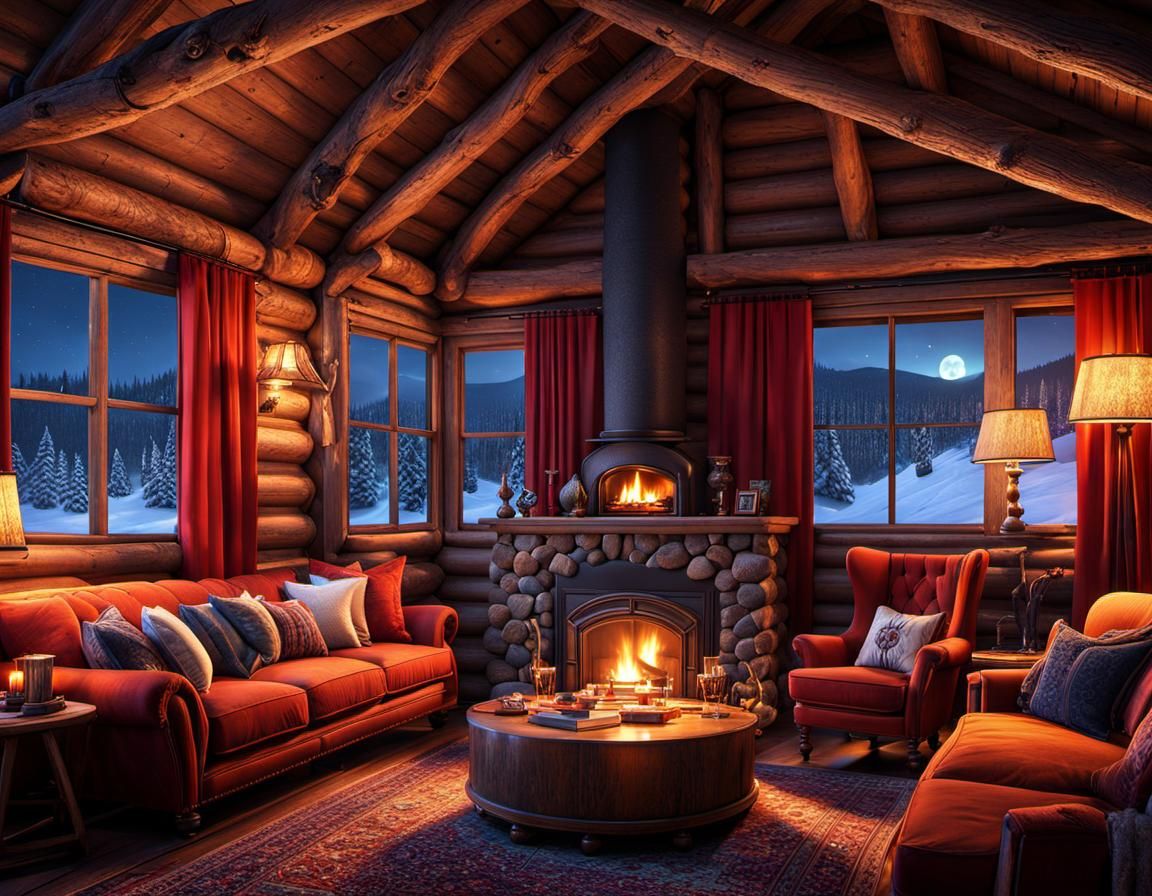 Cozy Cabin Living Room at Night