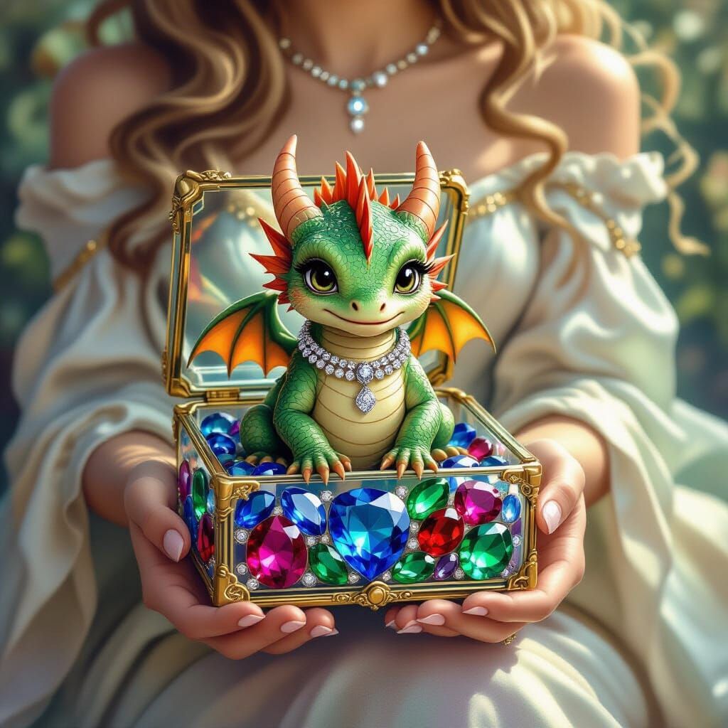 Baby Dragon in Glass Jewelry Box, Art Nouveau Style