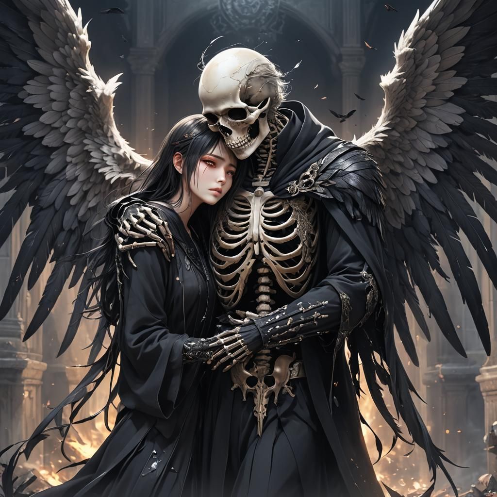 Death Angel Embraces Grieving Women: 3D Anime Art
