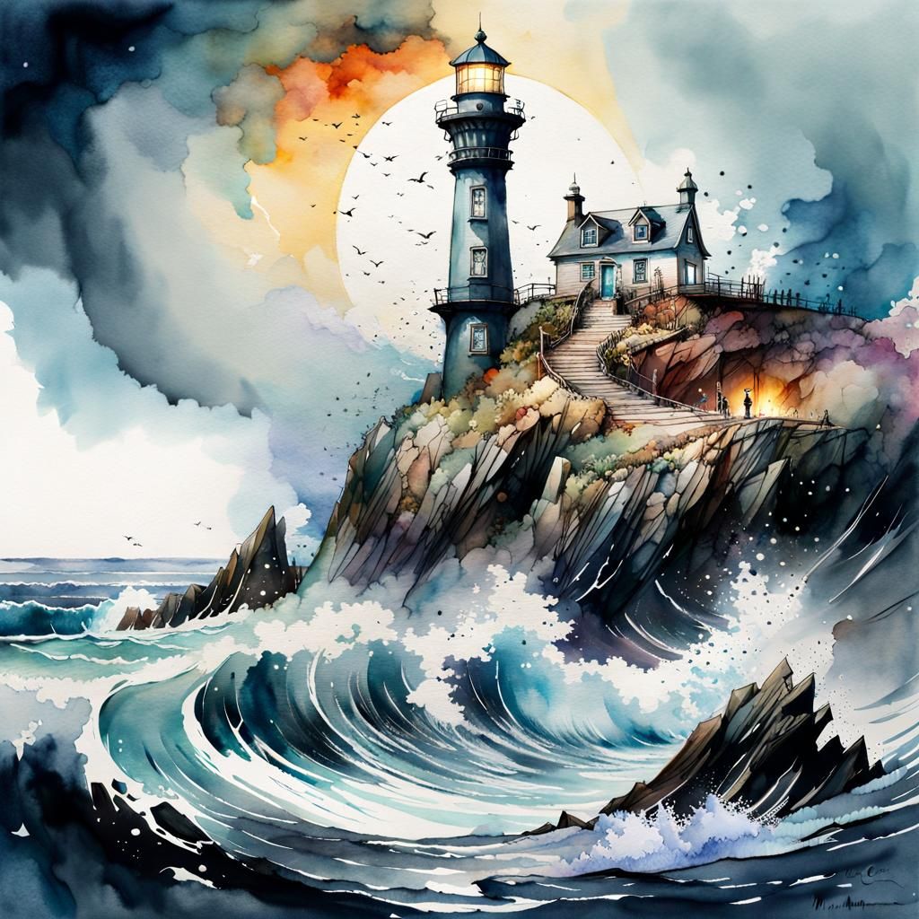 Chaotic Moonscape Lighthouse in Watercolor Illustration