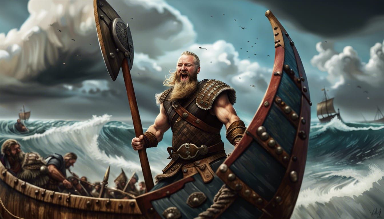Armored Viking Leaping from Longship with Axe