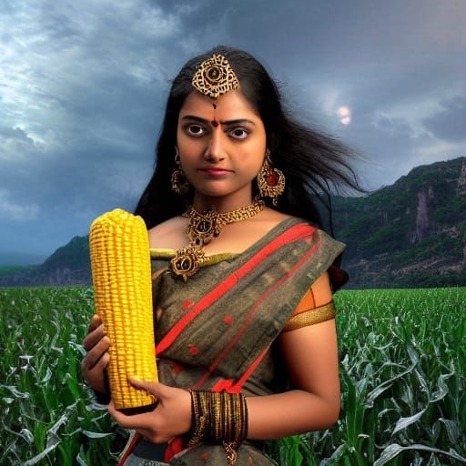 Steampunk Figure with Corn in Epic Landscape