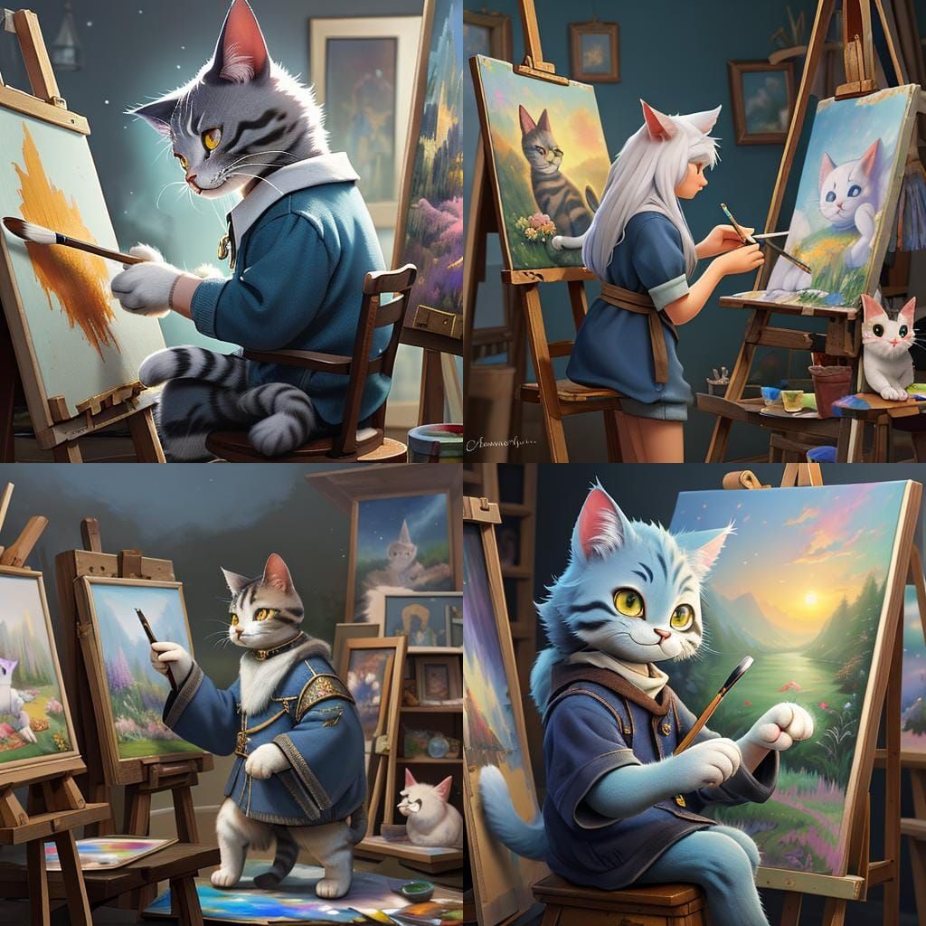 Cat Painting in Art Studio: Fantasy Thomas Kinkade Style