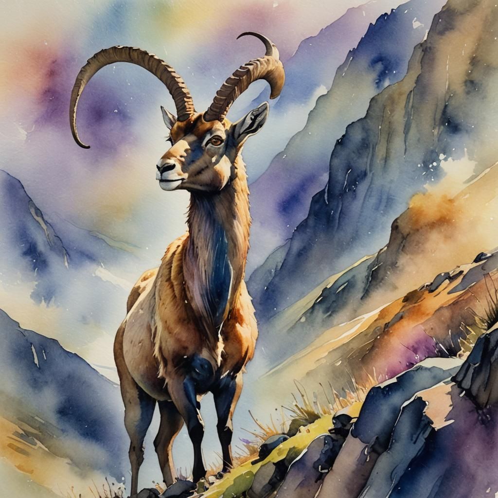 Rainbow Ibex in Watercolor on Misty Peak