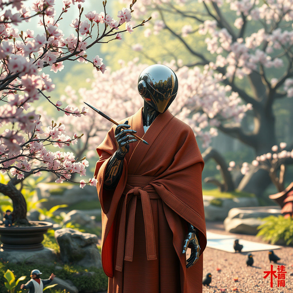 Android Artist in Japanese Garden with Forest Spirits