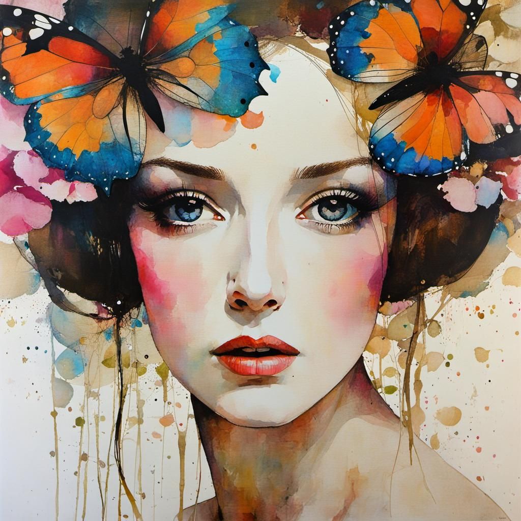 Mixed Media Floral Butterfly Art in Klimt Style