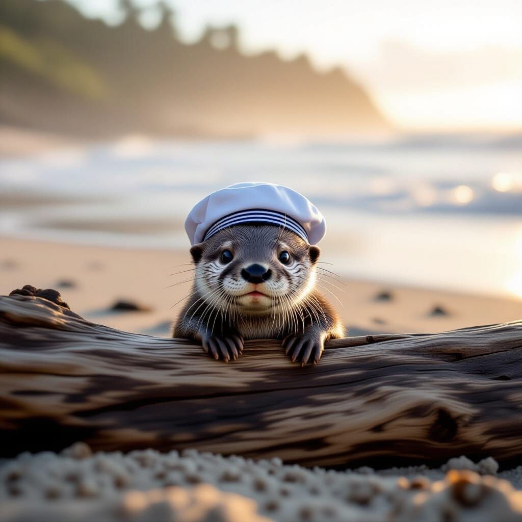 Adorable Baby Otter in Sailor Hat on Misty Beach
