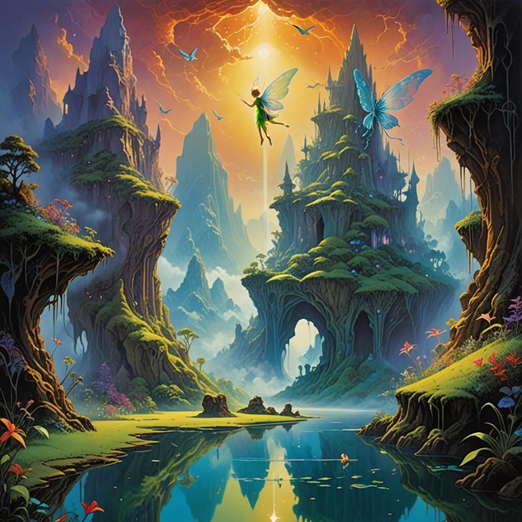 Ethereal Fairy Soars Above Dreamy Mountains in Vibrant Oil P...