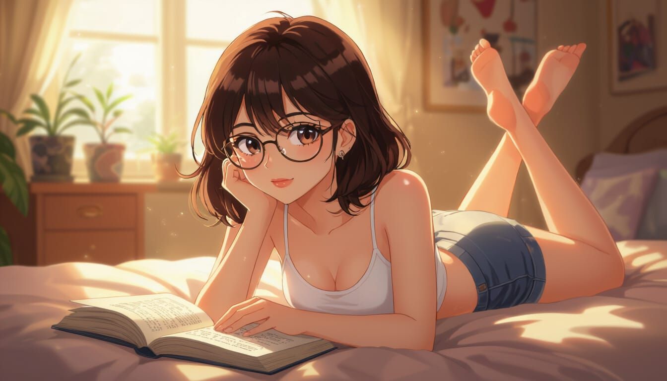 Young Woman Reading: Manga-Inspired Digital Illustration