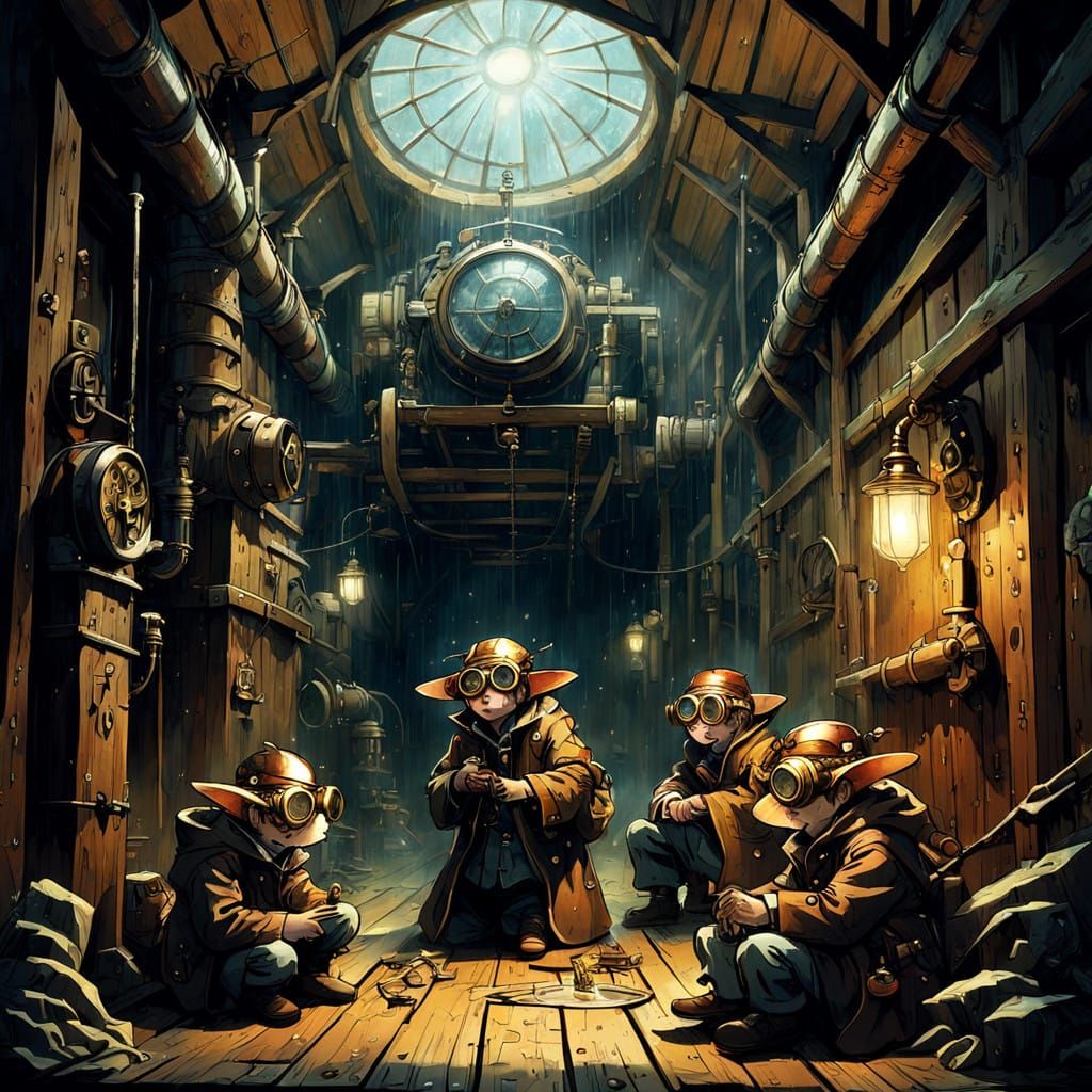 Steampunk Children Seek Shelter in Barn