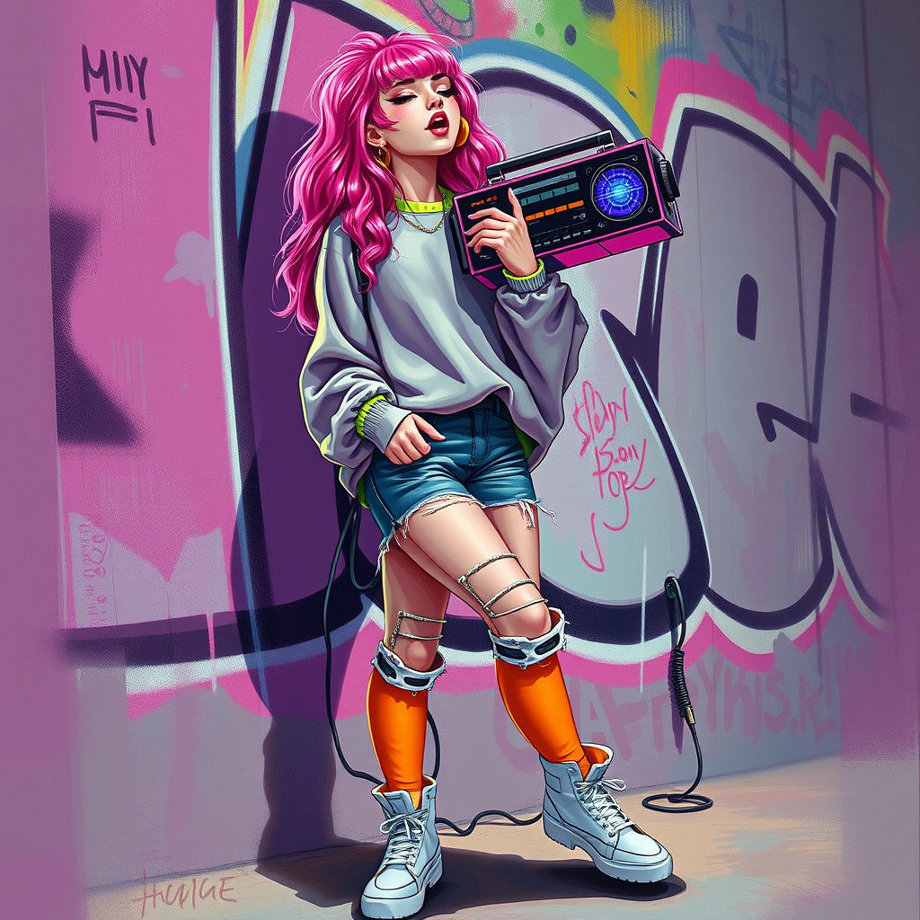Synth Girl with Radio in Cyberpunk Style