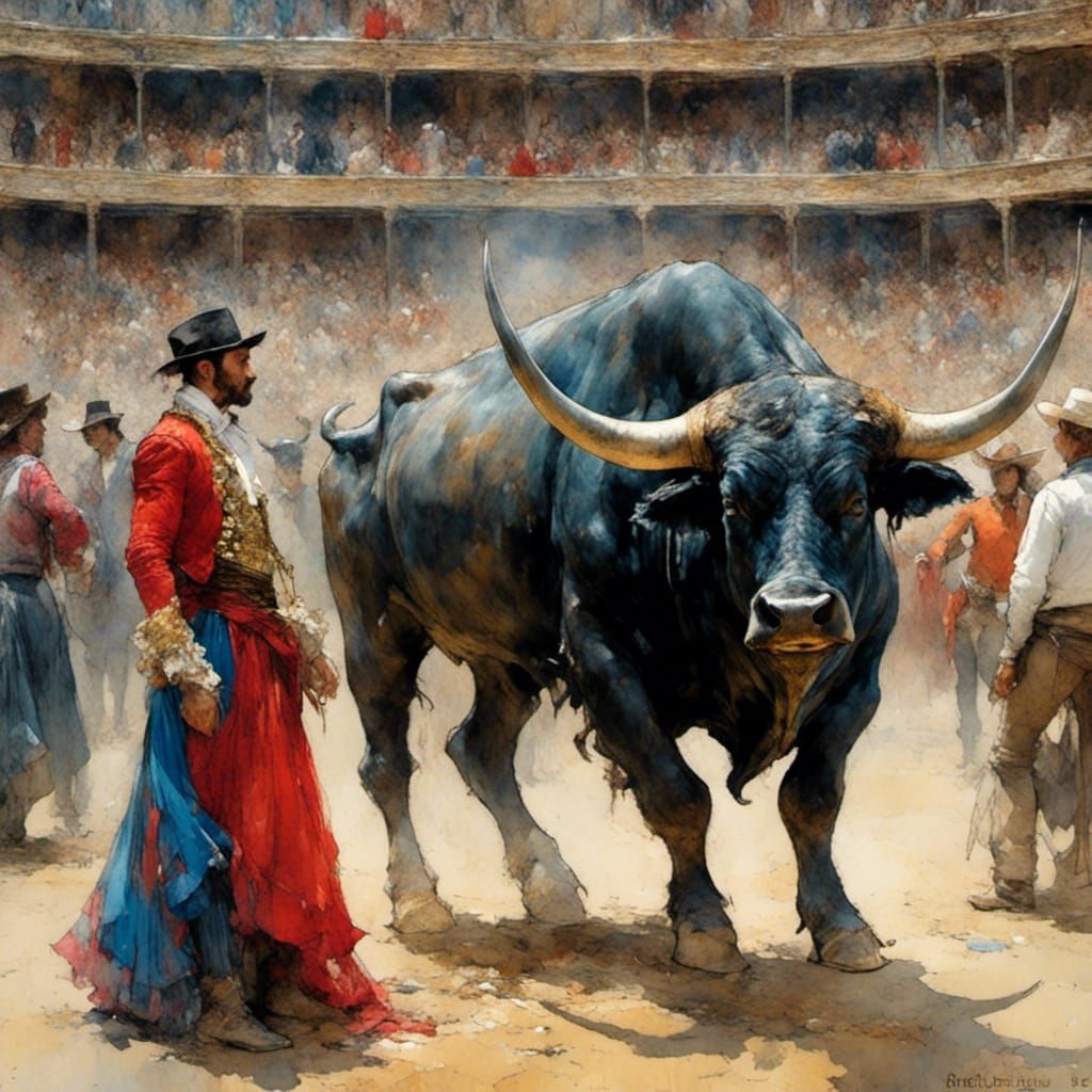 Toreador Facing Black Bull in Corrida Ring