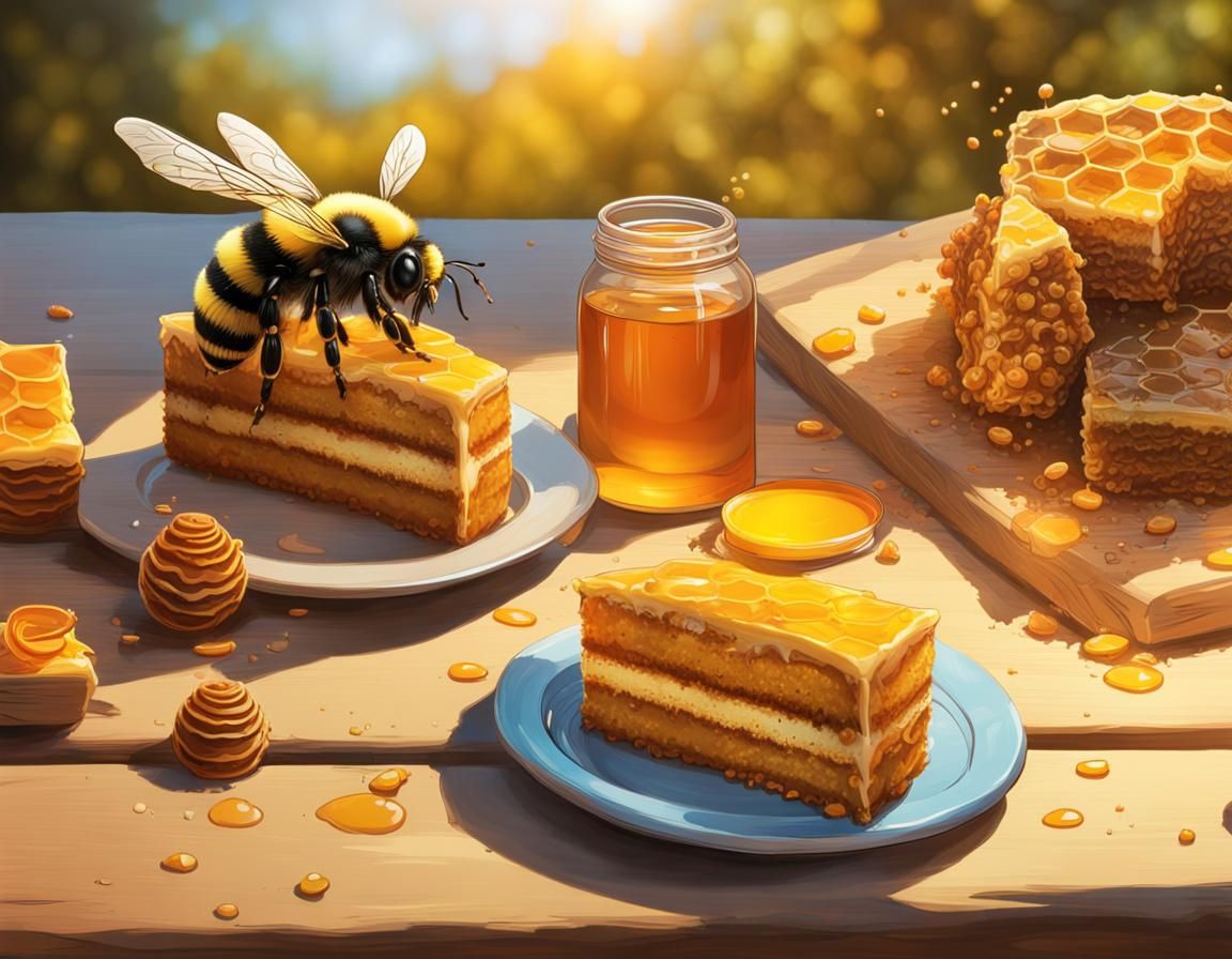 Hyperrealistic Bumblebee and Honeycomb Picnic Scene