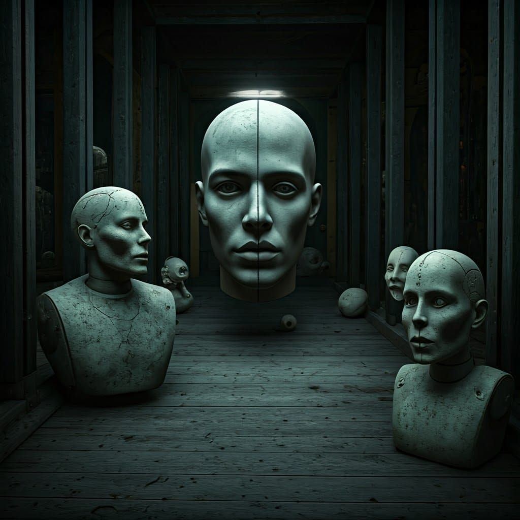 Eerie Mannequins in Abandoned Playground as Dark Surrealism