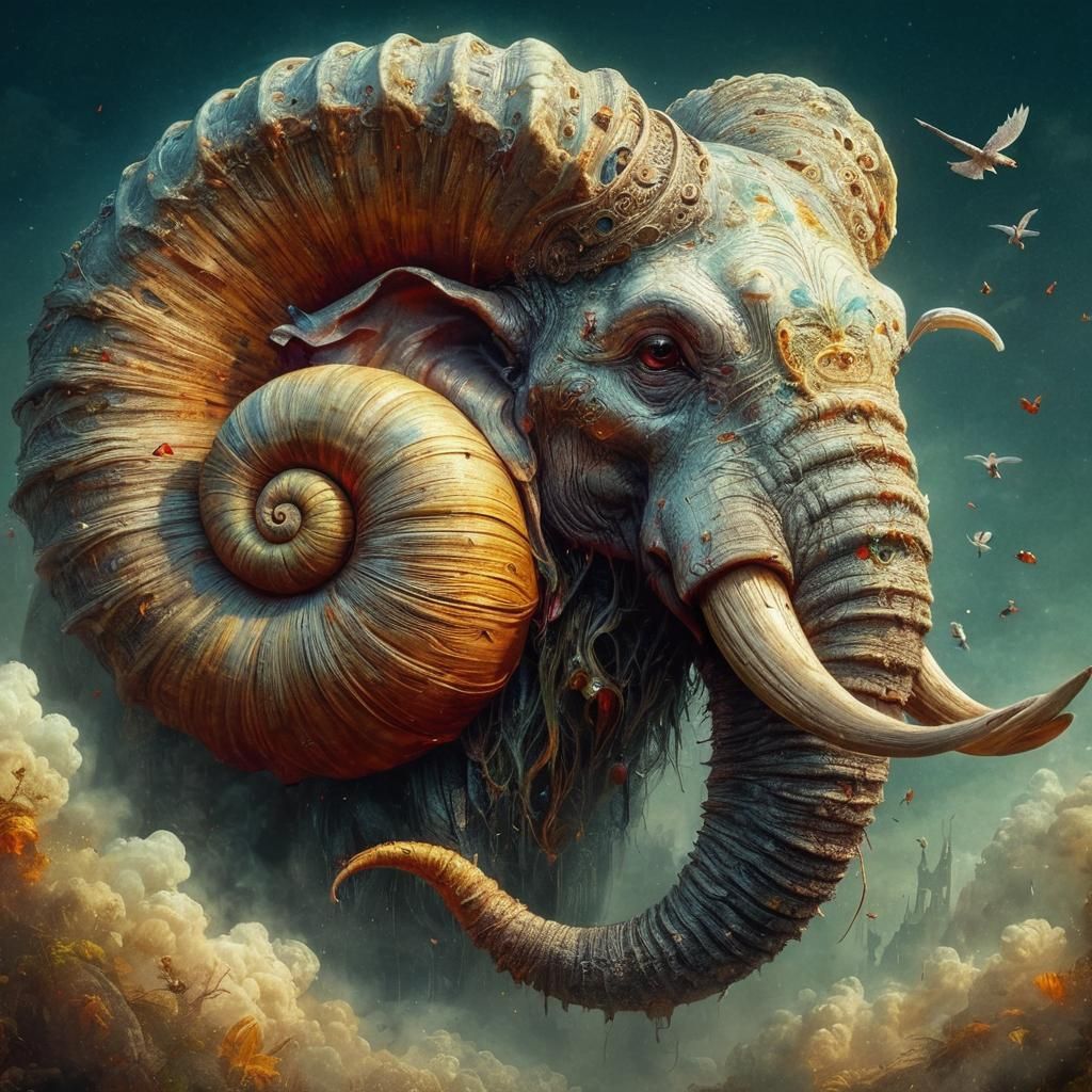 Elephant with Ram Horns in Snail Shell