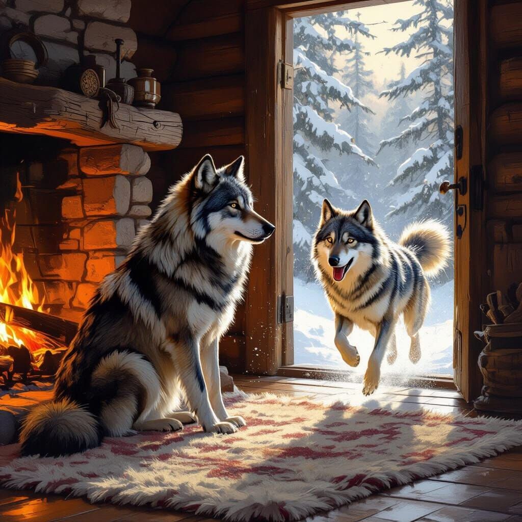 Wolf by Fireplace Meets Energetic Seasalt in Cabin