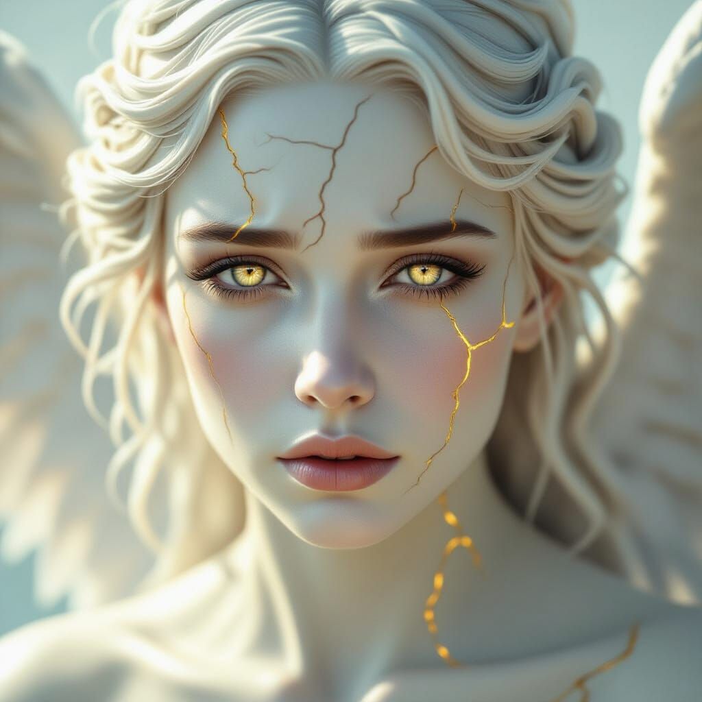 Angelic Fighter Portrait with Glowing Eyes and Cracked Skin
