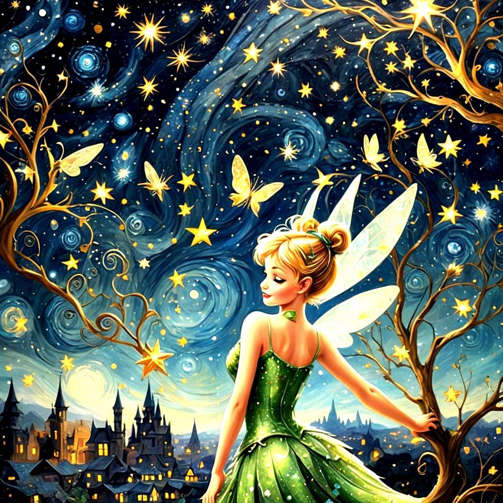 Tinkerbell in a Glittering Surreal Starry Night