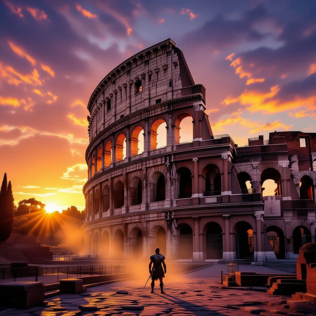 Colosseum Ruins at Sunset: Gladiator Silhouette