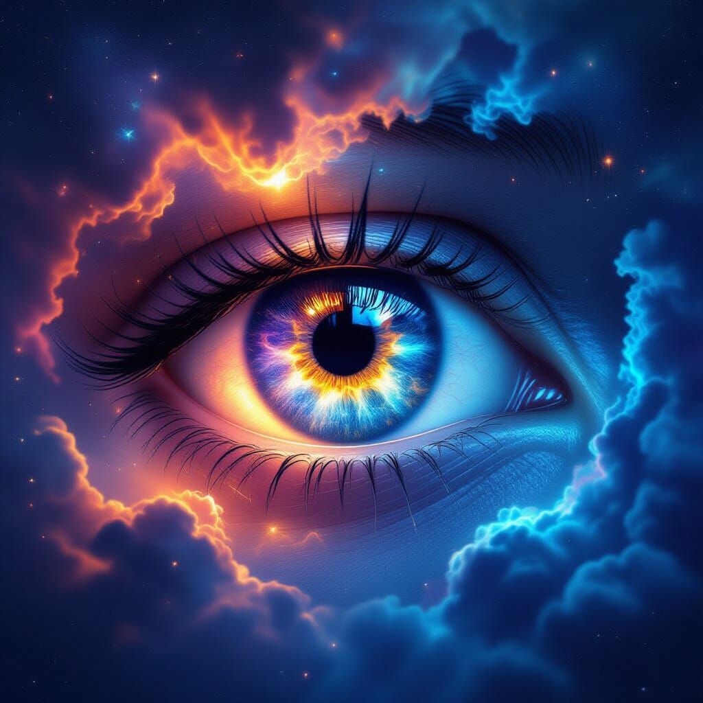 Glowing Cosmic Eyes Reflecting Nebula and Stars