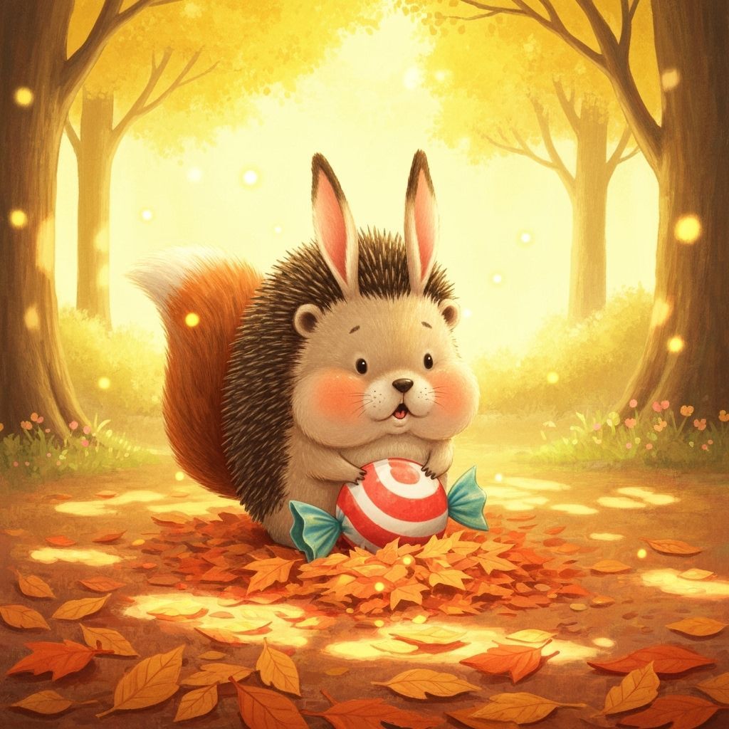 Whimsical Creature Burying Giant Candy in Autumn Leaves