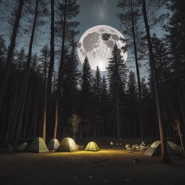 Nighttime Campsite Under a Full Moon in Ancient Forest