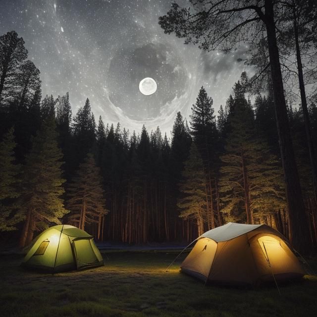 Nighttime Campsite in Ancient Forest Under Full Moon
