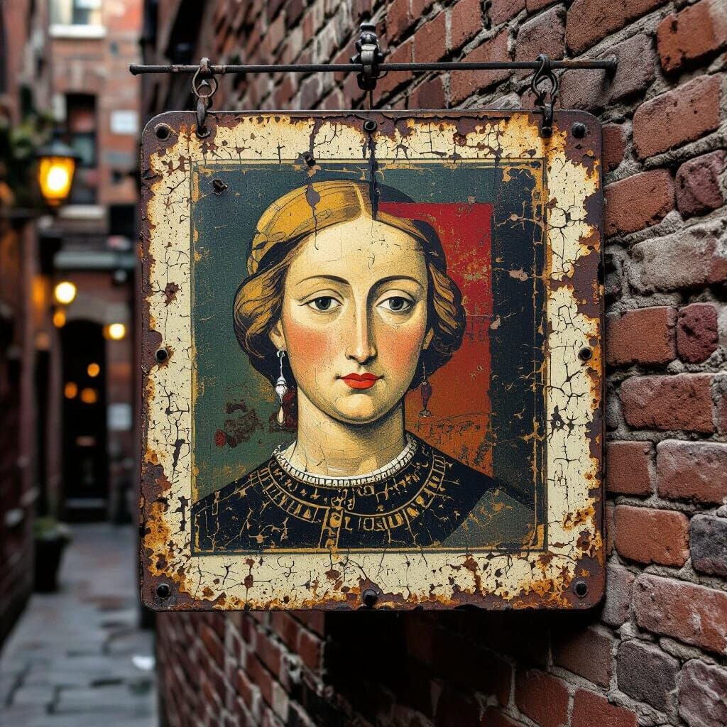 Faded Renaissance Painting on Enamel Sign