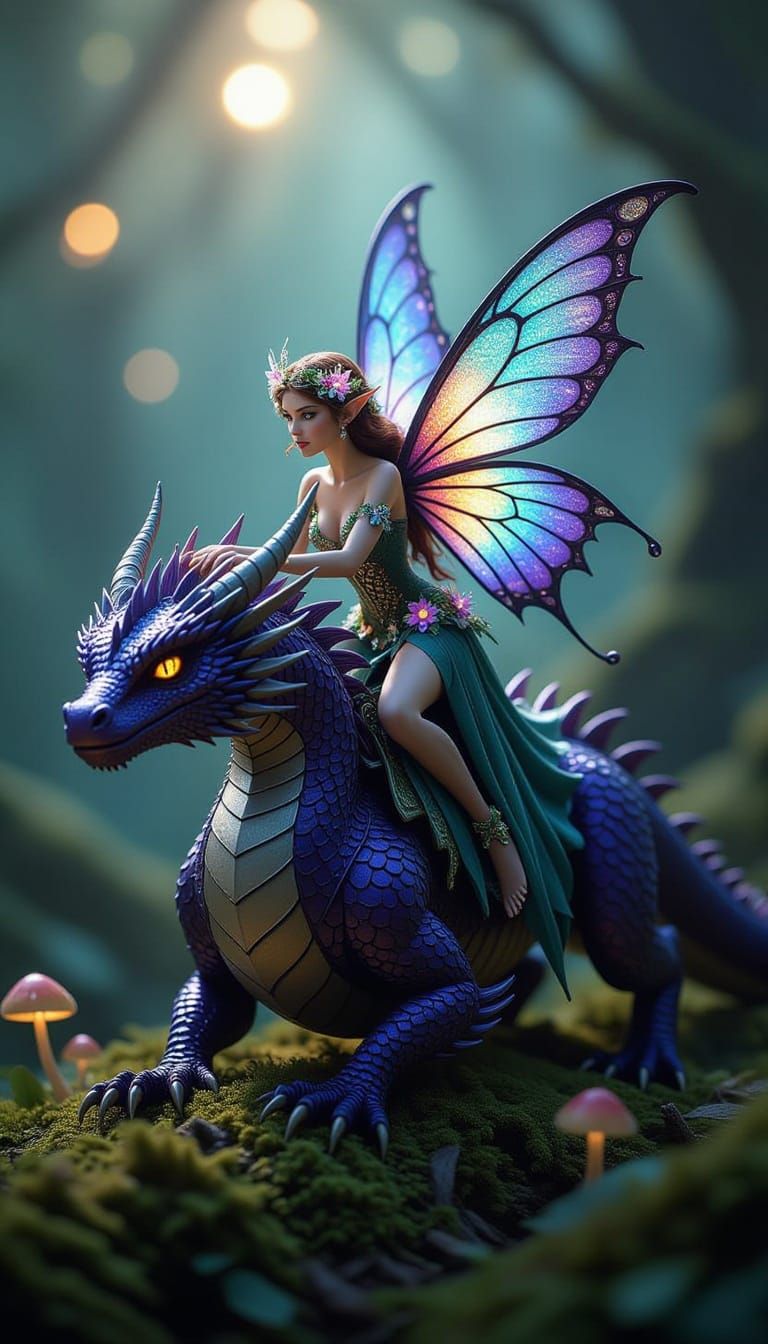 Fairy Riding Dragon in Enchanted Forest