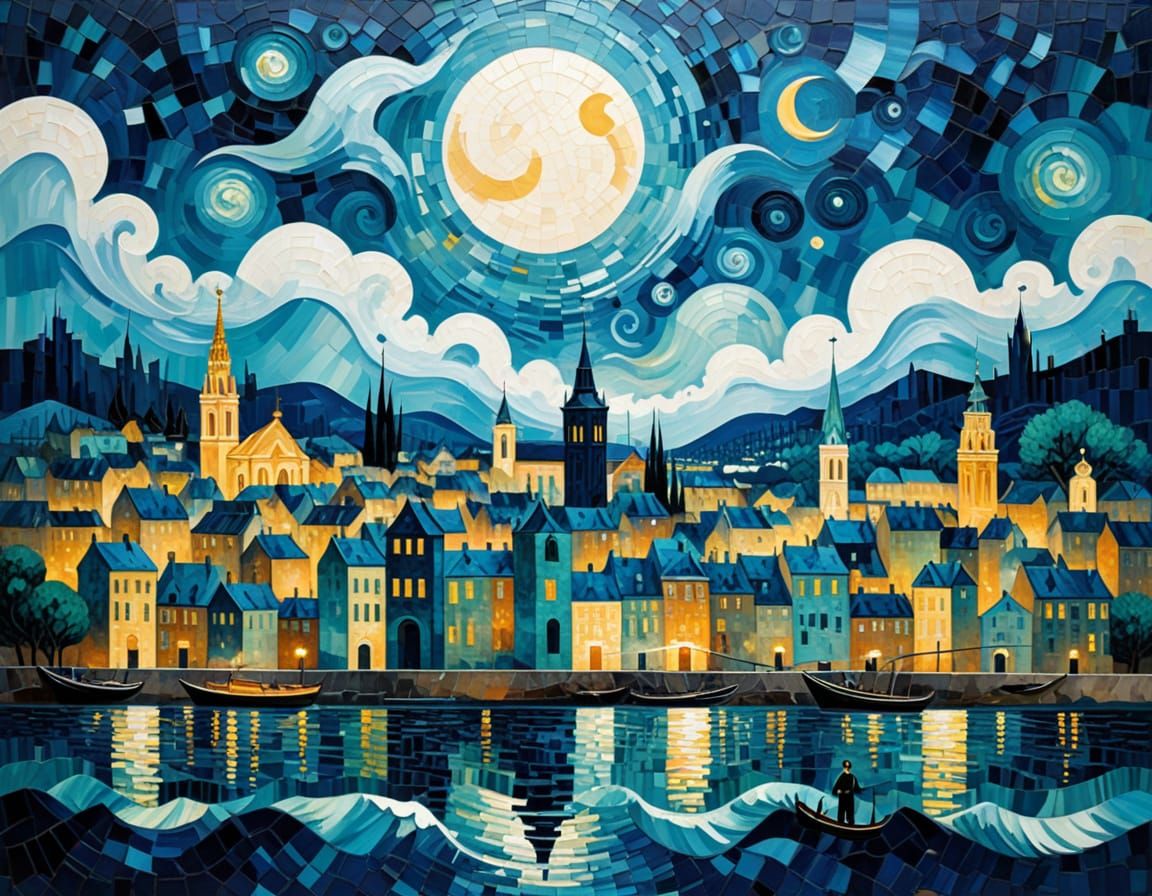 (city scape:1.5), Vincent Van Gogh and Salvador Dali, deep blue and turquoise dominant, fine-tuned mosaic ample use of w...
