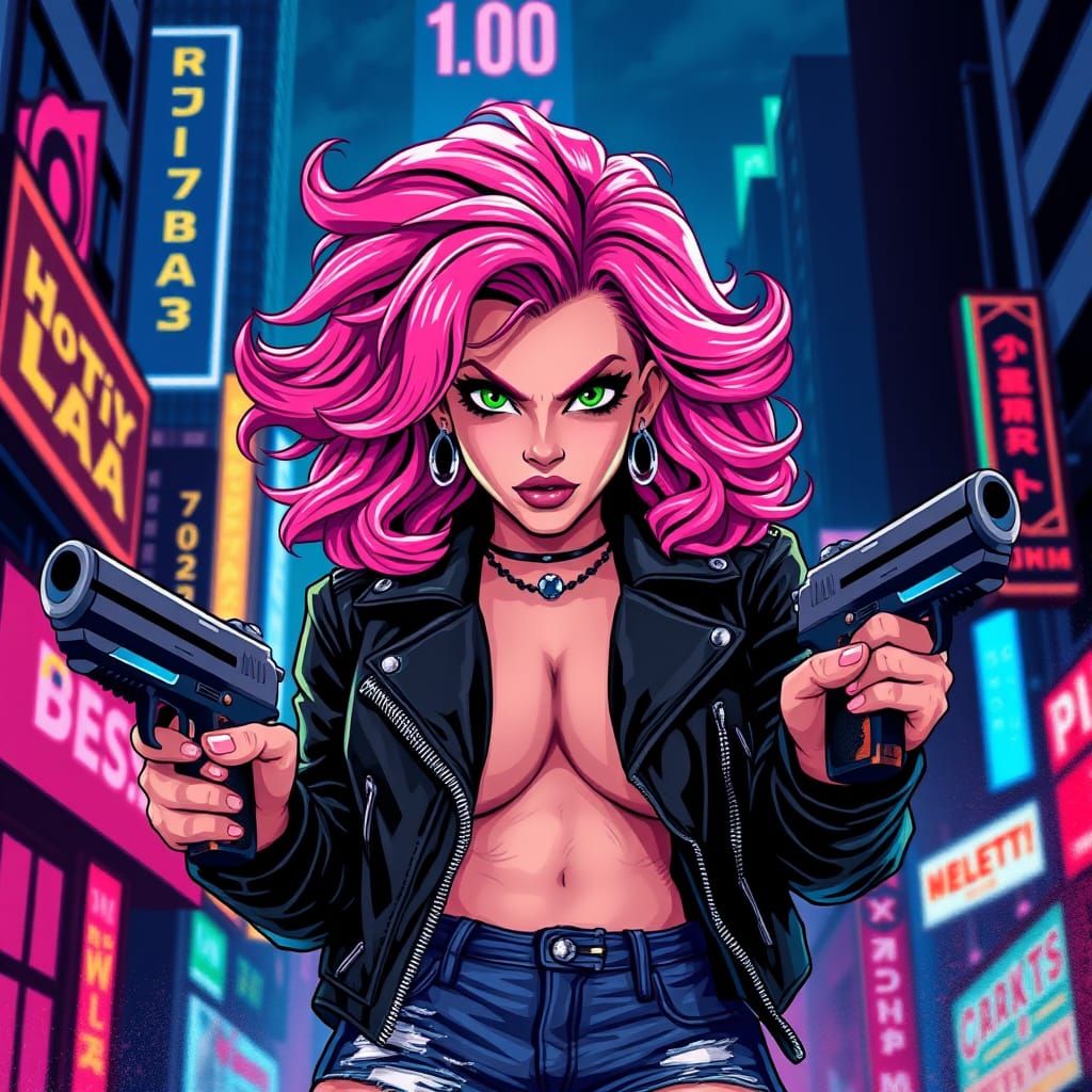 Retro Pixel Art Portrait of Feisty Heroine Curvy in Neon-Lit...