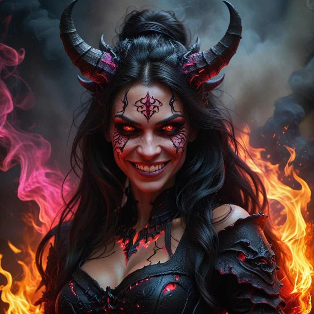 Dark Fantasy Woman with Fiery Demon Smile