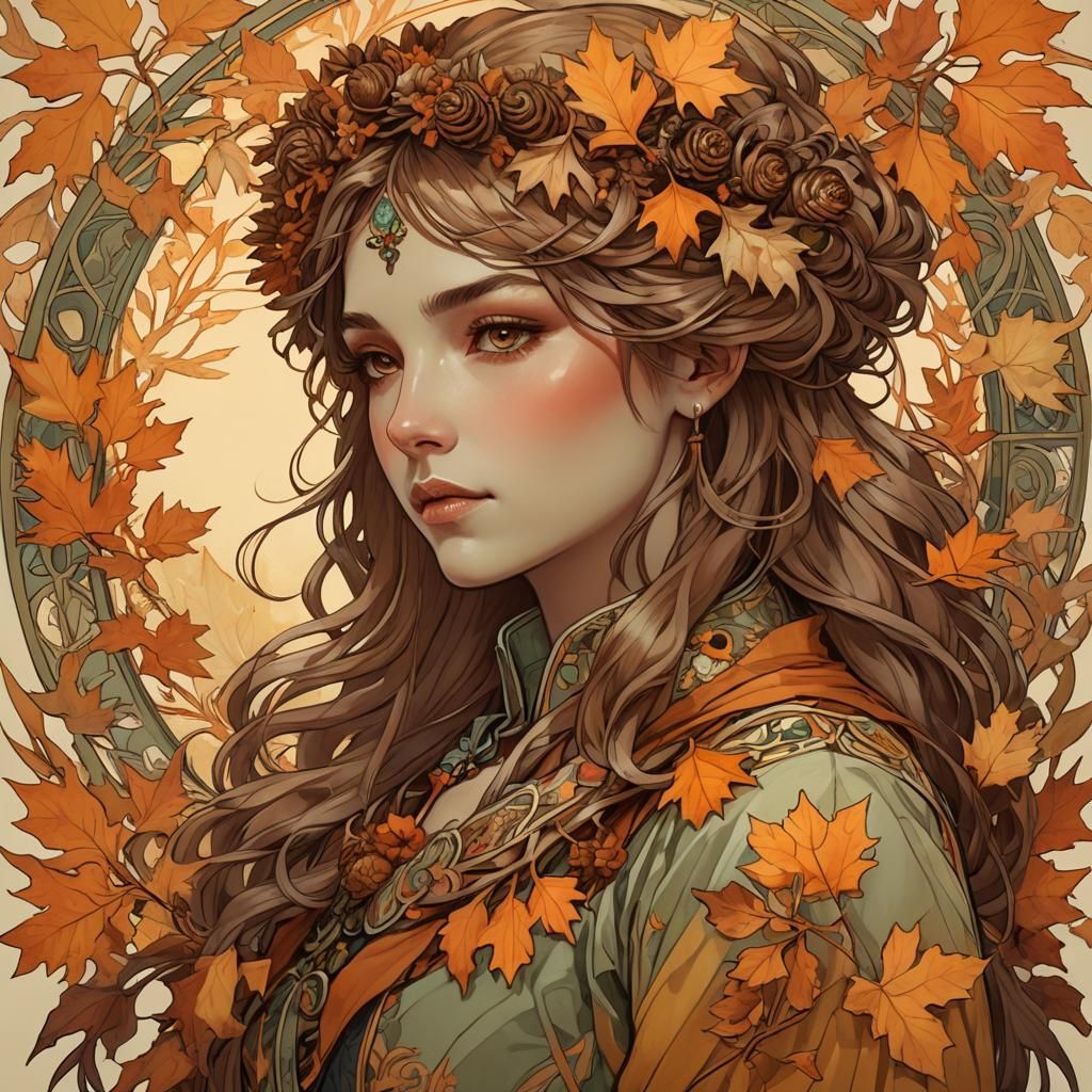 Autumn Girl Portrait in Art Nouveau Style