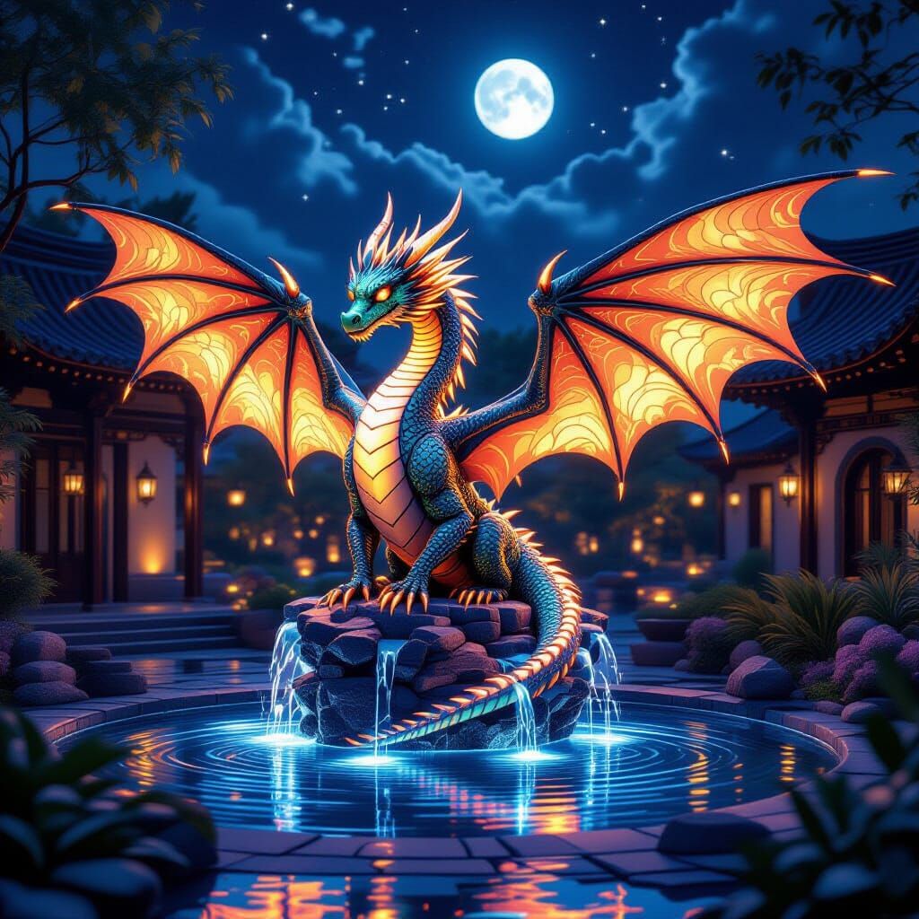 Glowing Dragon Fountain in Moonlit Courtyard