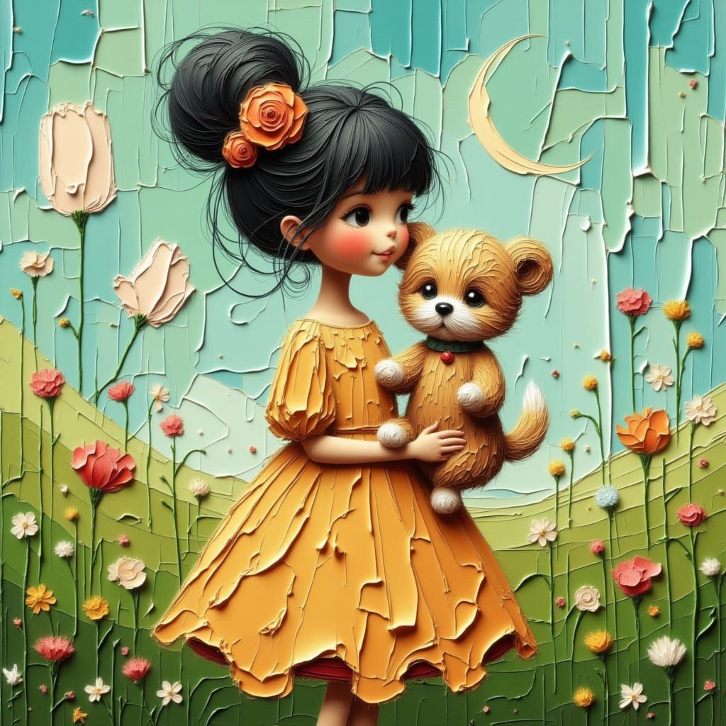 Girl and Puppy in Whimsical Meadow, Vibrant Art