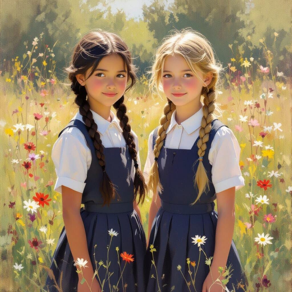 Girls in Meadow: Impressionist-Style Image