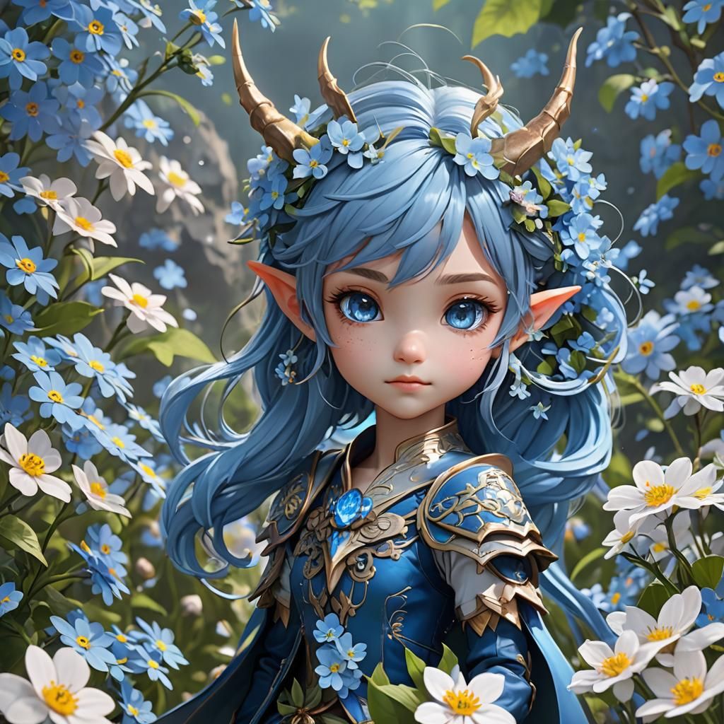 Chibi Dragon Elf with Forget-Me-Nots in Anime Style