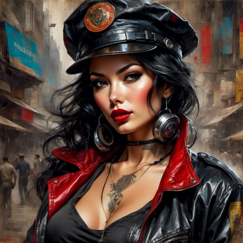 <lora:Grunge-Poster:1.0>Insanely beautiful Retro rockabilly cyberpunk pinup <lora:Beautiful Visions:0.6> <lora:Watercolo...