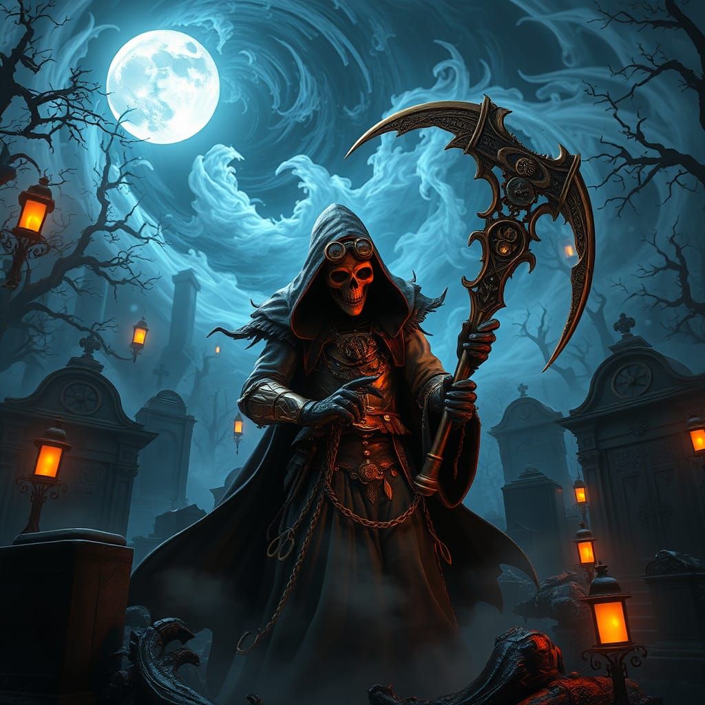 Steampunk Grim Reaper Soul Gathering in Cemetery