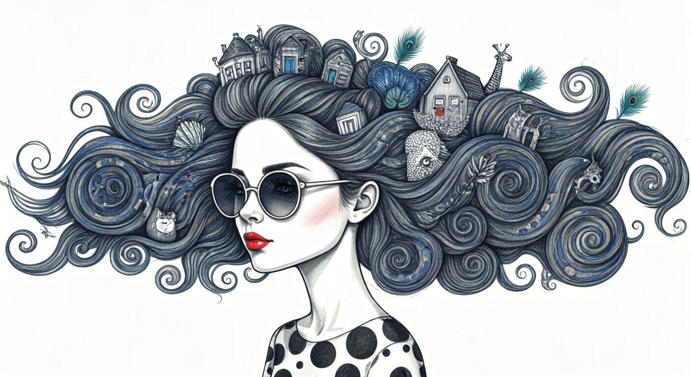 Whimsical Doodle Portrait of a Woman with Surreal Hair