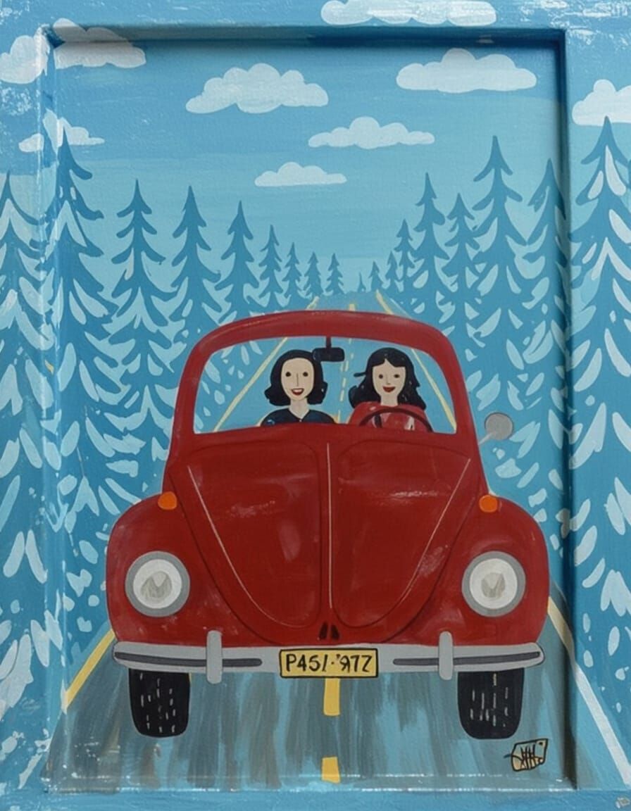 Car on Forest Road with Heart Clouds