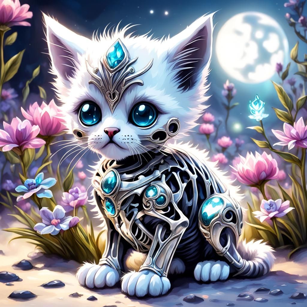 Fantasy Kitten Skeleton with Silver Eyes