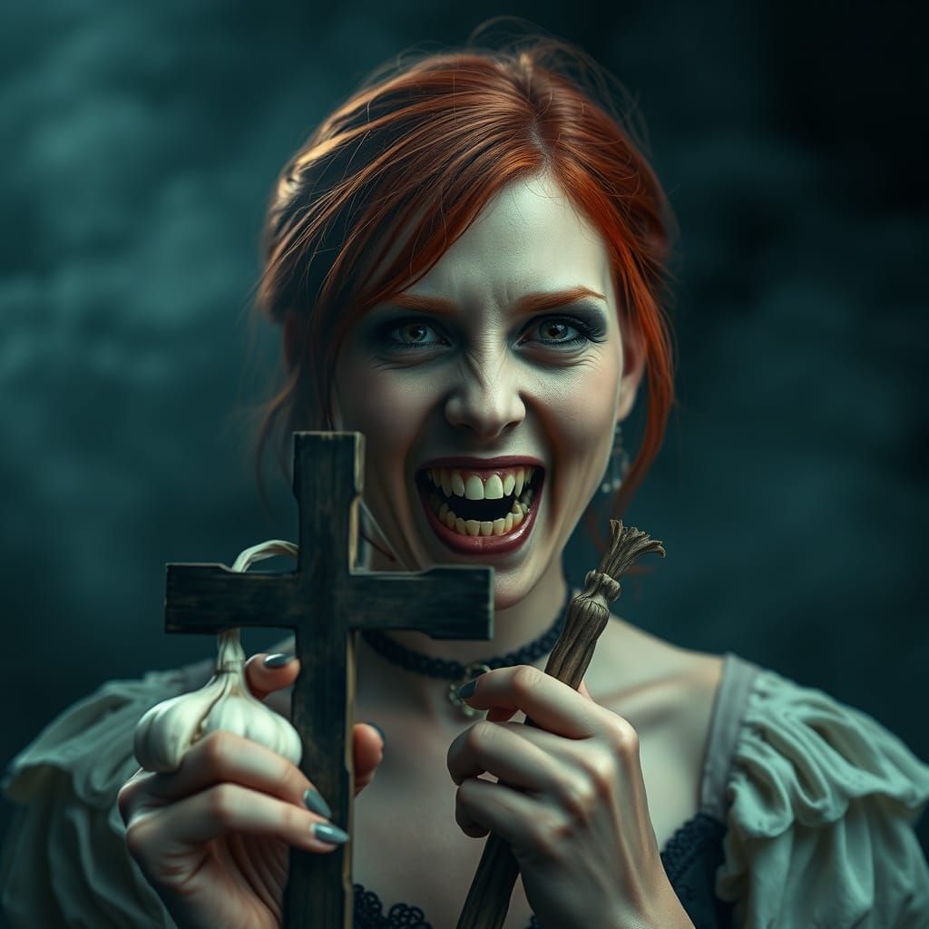 Redhead Vampire with Cross and Garlic