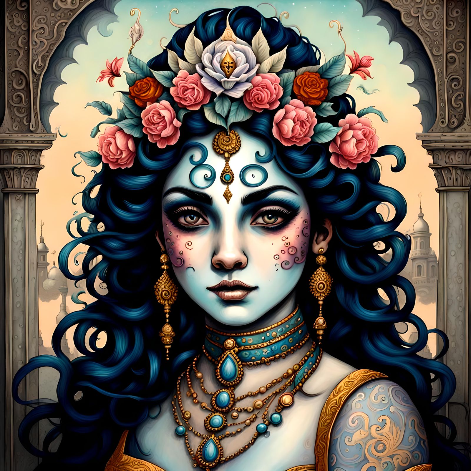 Portrait harlequin shiva, taj mahal, baroque, scumbling, fan...