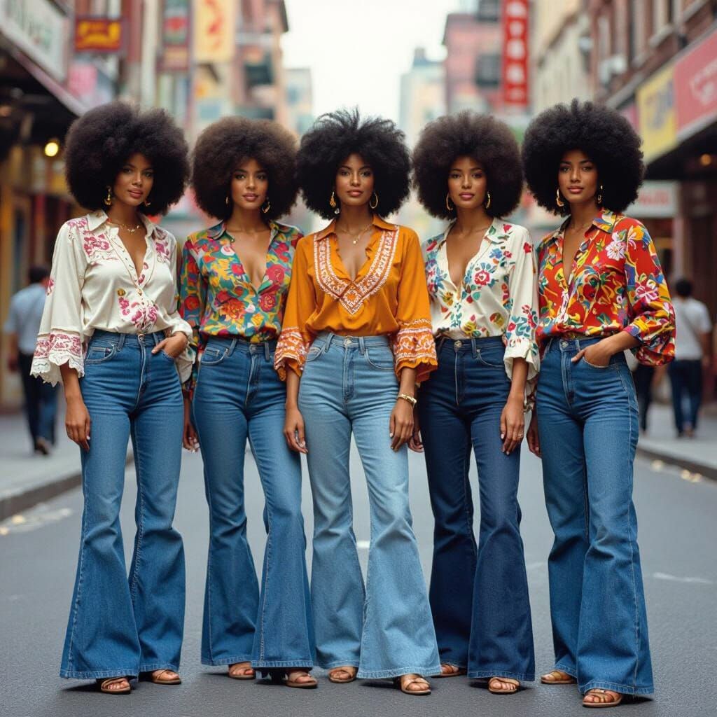 Women in 1970s Attire in City Street